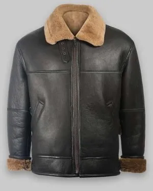 Black Aviator RAF Black Shearling Jacket For Mens