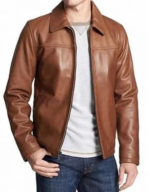 Mens Casual Shirt Collar Brown Leather Jacket