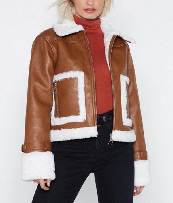 Womens Brown Aviator Cropped Leather Jacket