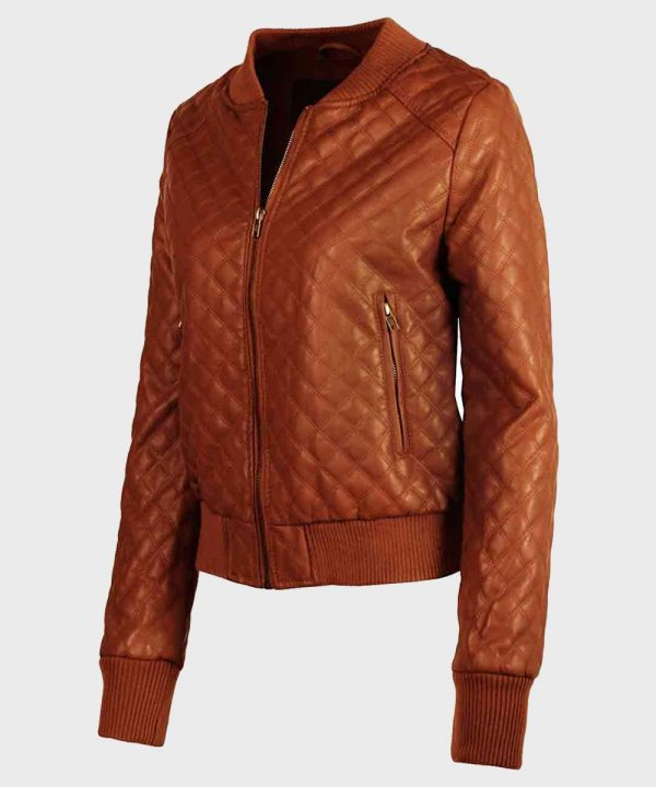 Tan Brown Quilted Sheepskin Fashion Leather Jacket for Womens