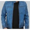 Dodge Cafe Racer Sky Blue Leather Jacket for Men's