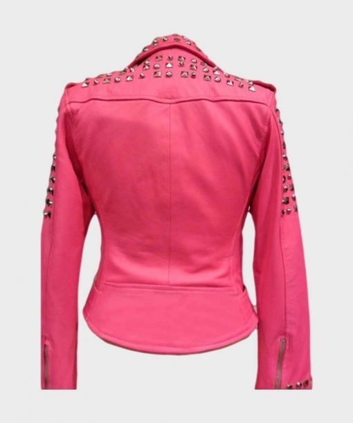Womens Golden Studded Pink Leather Motorcycle Jacket