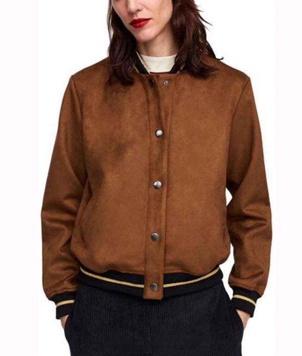 Kylie Rogers Home Before Dark Brown Suede Bomber Leather Jacket