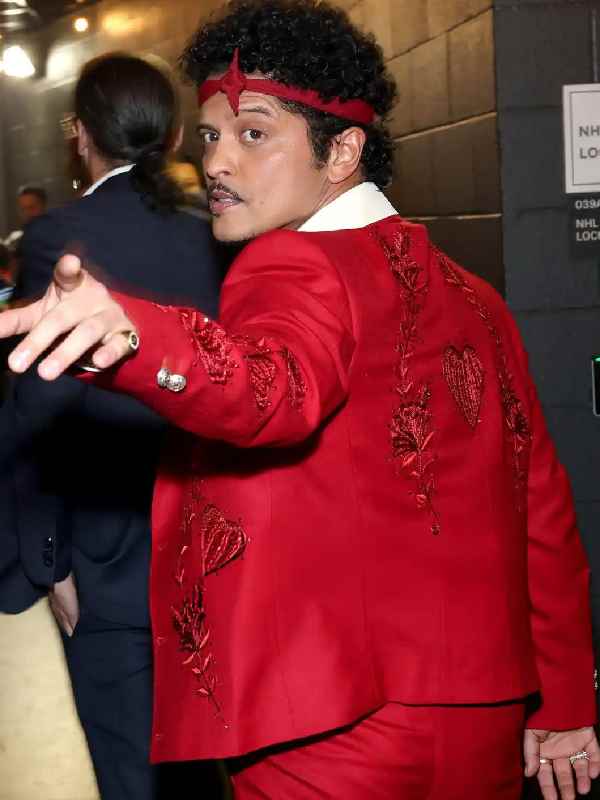 Bruno Mars 68th Annual Grammy Awards Floral Embroidery and Silver Buttons Red Blazer Bruno Mars 68th Annual Grammy Awards Blazer