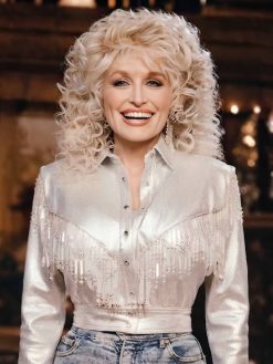 Dolly Parton Full-Snap White Sequin Cropped Fringe Jacket for Women