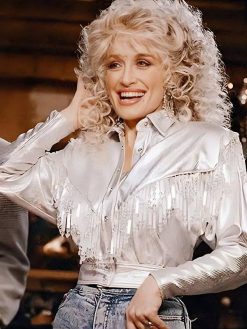 Dolly Parton Metallic White Sequin Cropped Fringe Western Jacket for Women